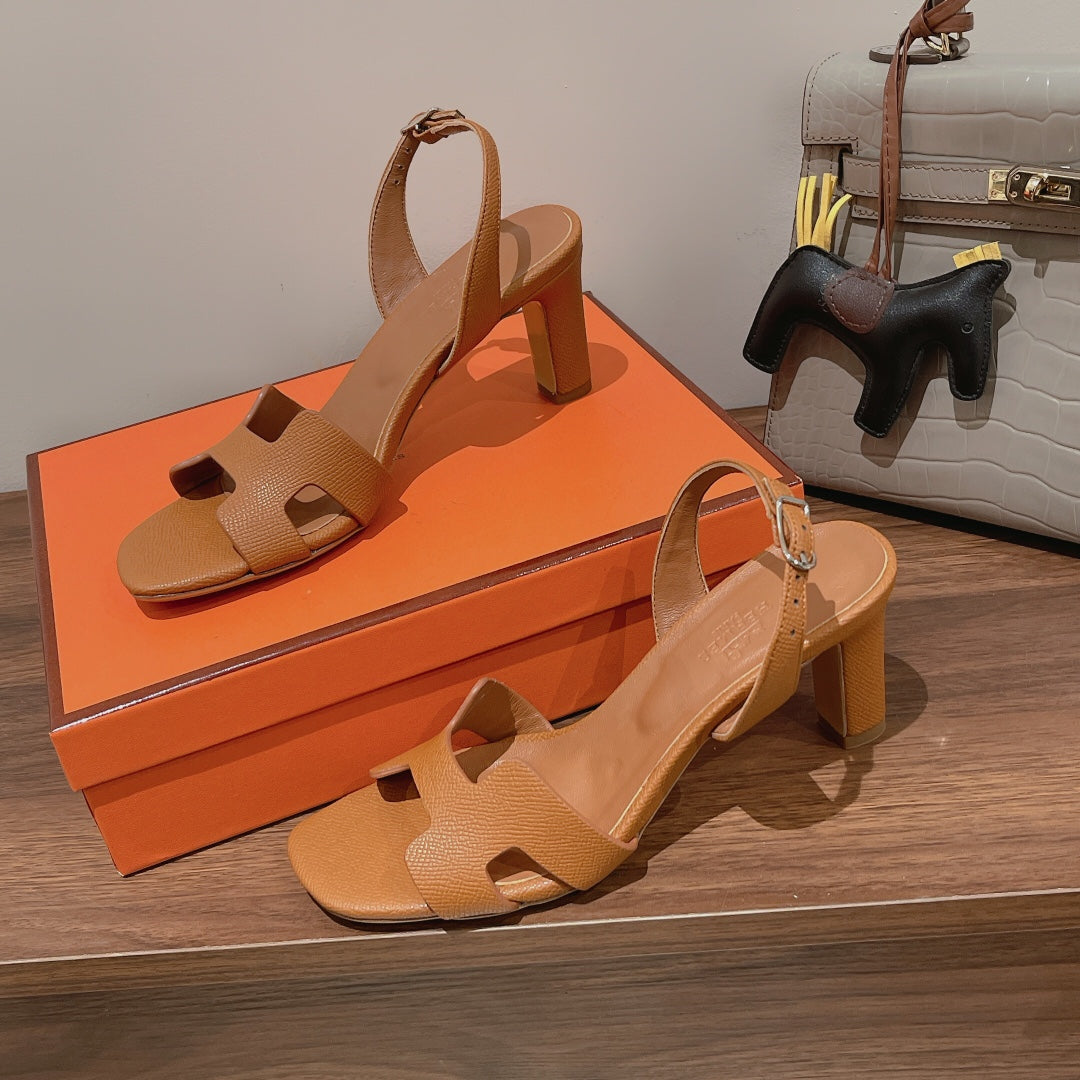HERMES HOLY 75 SANDAL IN CINNAMON BROWN GRAINED CALFSKIN