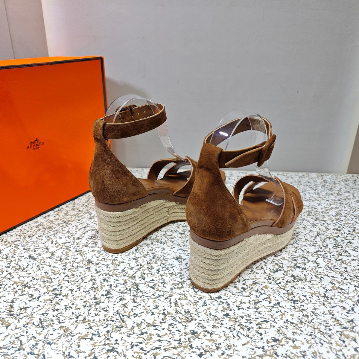 HERMES ELDA ESPADRILLE 80 BROWN SUEDE