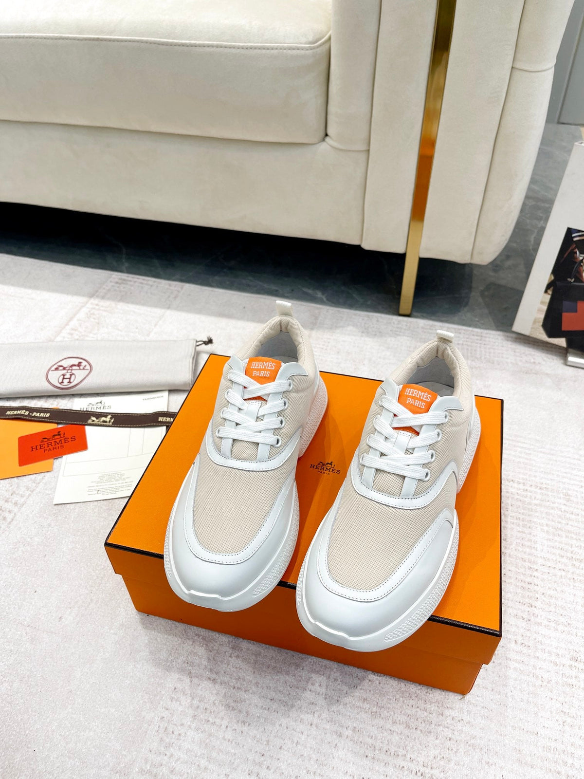 HERMES GIGA SNEAKER IN TAN BROWN STITCHED MESH AND WHITE CALFSKIN