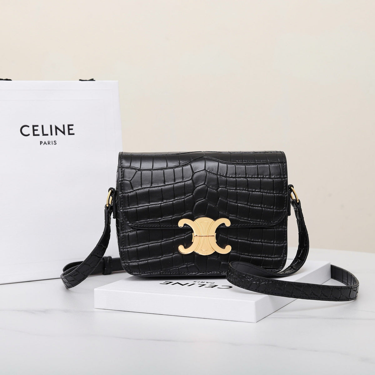 CELINE TRIOMPHE TEEN 18 BLACK ALLIGATOR SKIN