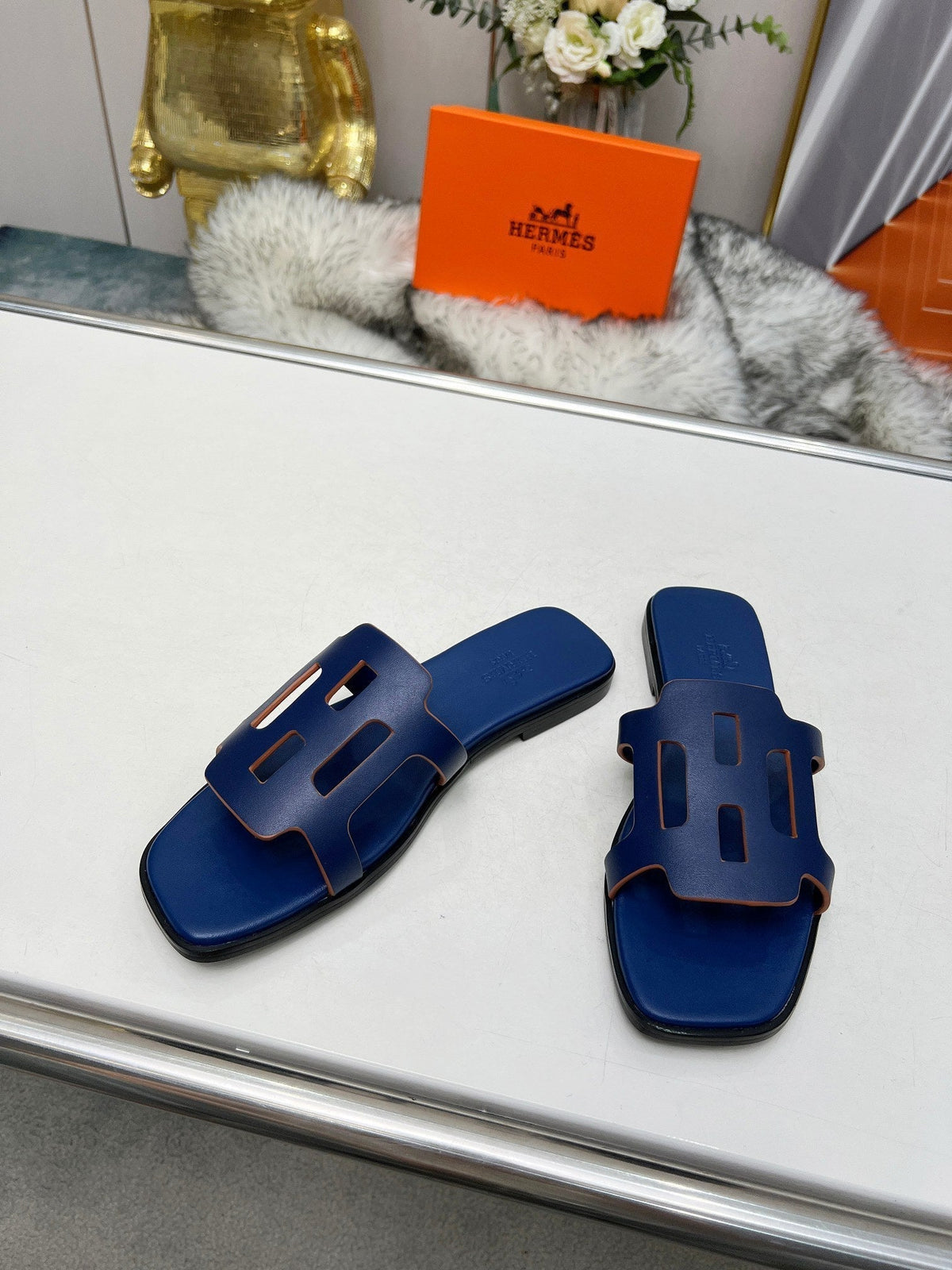 HERMES FLATFORM SANDAL NAVY CALFSKIN