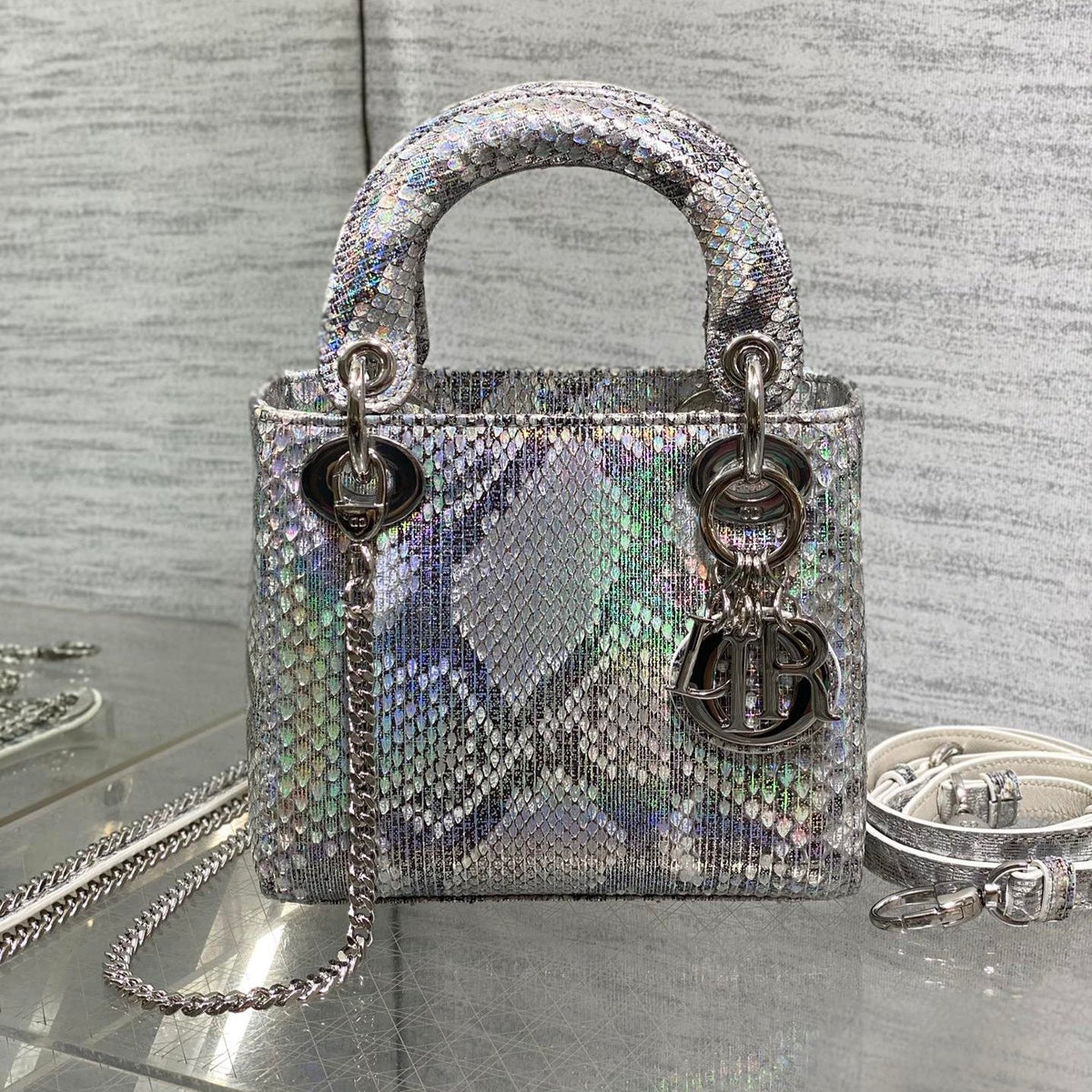 DIOR MINI 17 LADY BAG IN SILVER SNAKESKIN PATTERN LAMBSKIN