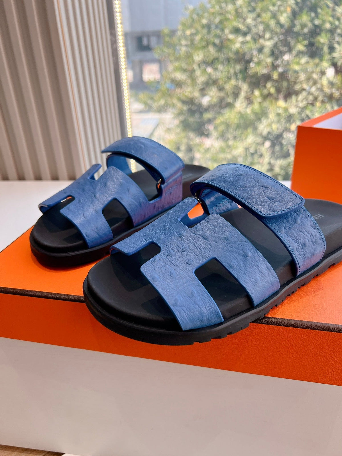HERMES CHYPRE SANDAL IN COBALT BLUE GRAINED CALFSKIN
